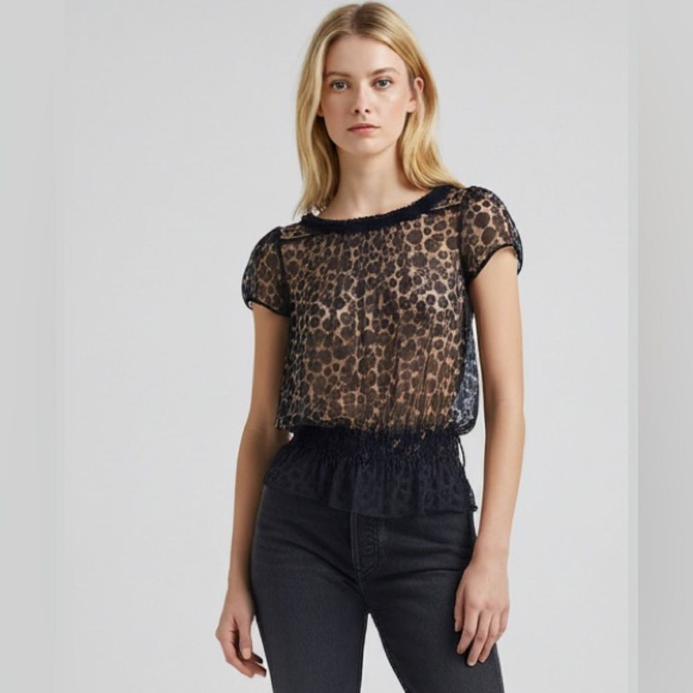 The Limited Womens Top Small Black Round Neck Sheer Polka Dot Smocked Hem